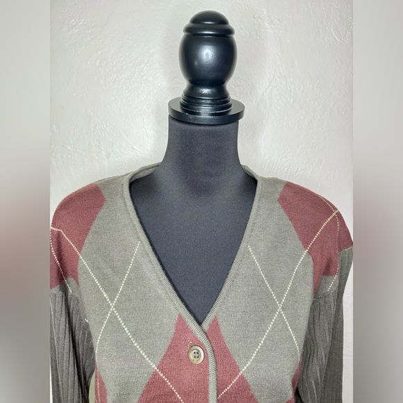 RENA ROWAN NWT Vintage Lambs Wool Blend Argyle Cardigan 80s 90s Women's Medium - Picture 4 of 8